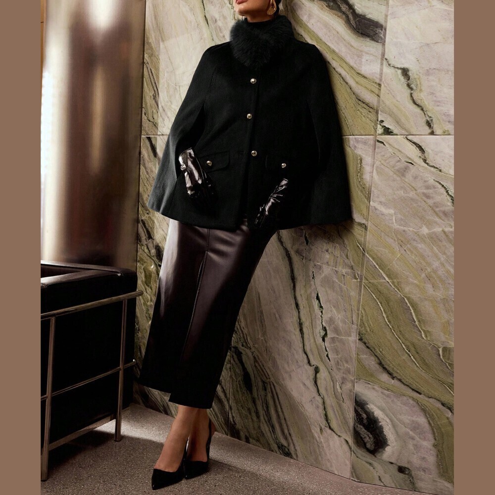 Black Fuzzy Collar Cape Coat with Gold Buttons - Picture 6 of 8